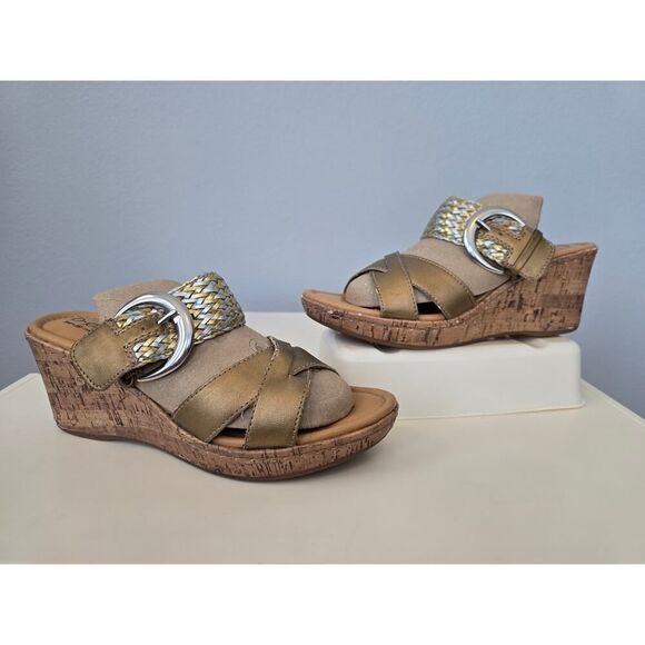 BOC Born Wedge Sandals 8M Gold Silver Slip On Comfort Slides Cork Heel Shoes - Picture 1 of 7